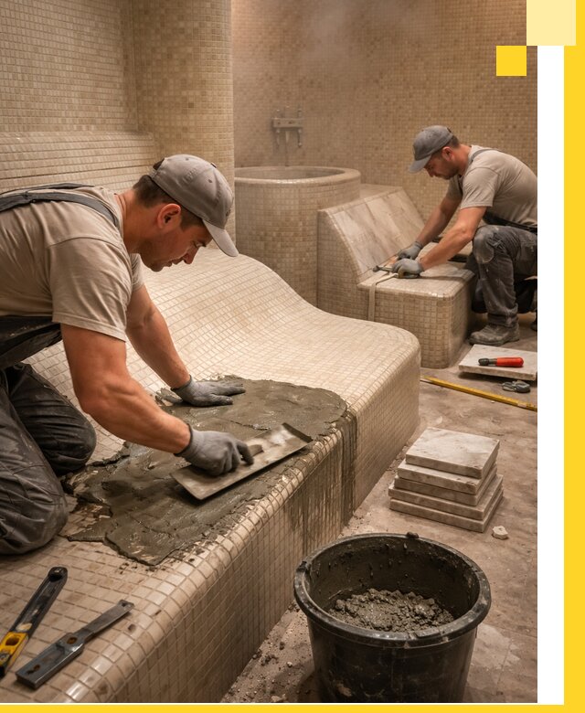 Лежаки для хамама под ключ в Куйбышеве, проект и монтаж