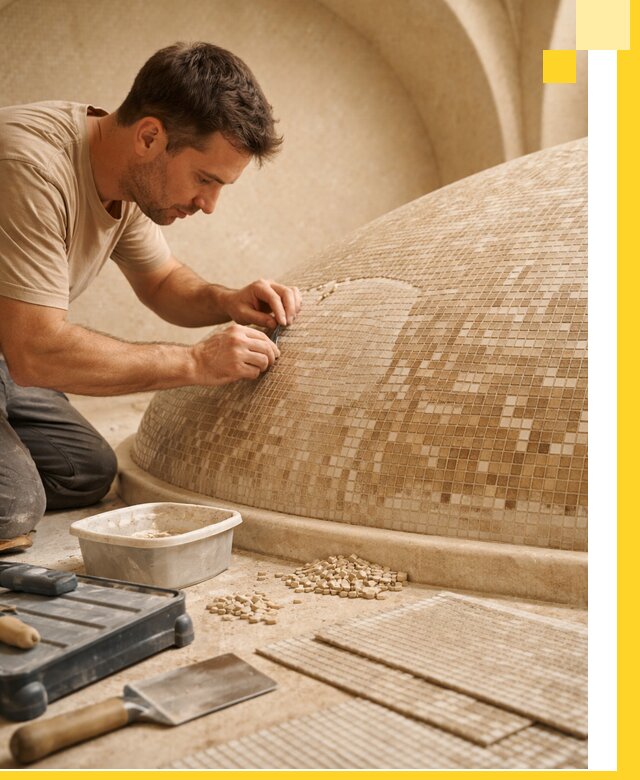 Профессиональная укладка мозаики для хамама под ключ в Куйбышеве